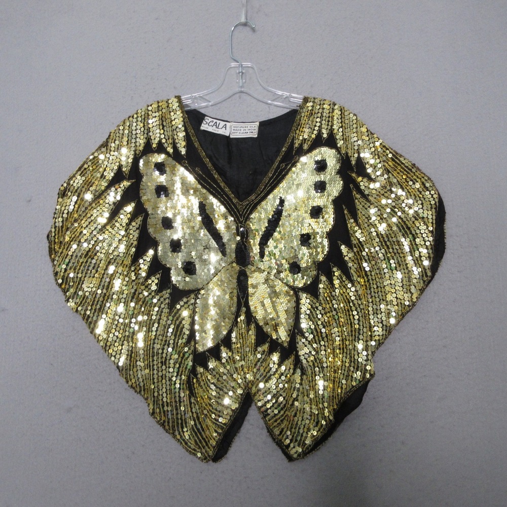 Vintage Scala Top Gold Sequin Butterfly Silk Event Statement Glam Festival Fairy